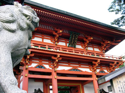 A shrine dog and decolative shrine gate